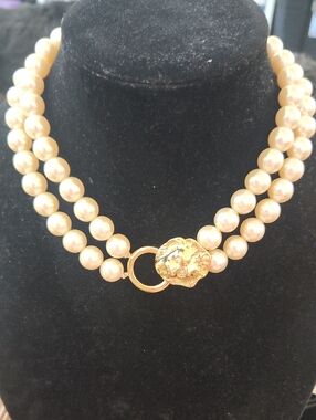 KJL For Avon, Double Strand Cream Faux Pearl Necklace‎ with Gold Lion Clasp